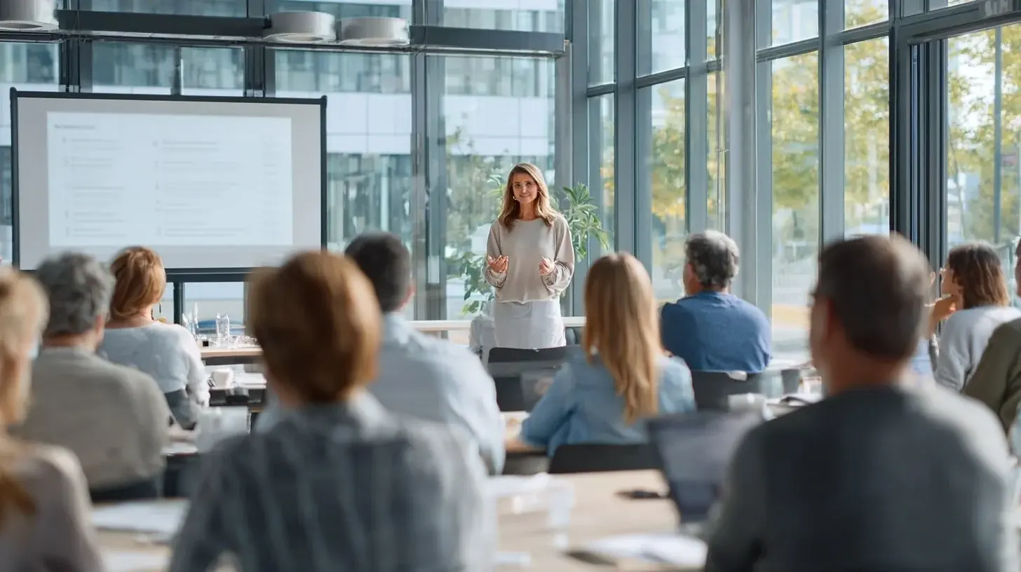 A facilitator leading a corporate wellness exercise session in an office meeting room